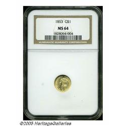 1853 G$1 MS64 NGC. Impeccably preserved and well 