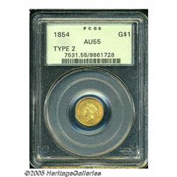1854 G$1 Type Two AU55 PCGS. Peach-gold surfaces 