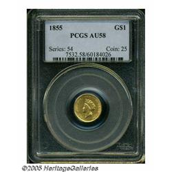 1855 G$1 AU58 PCGS. Lustrous light yellow-gold wi