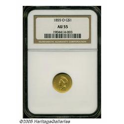 1855-O G$1 AU55 NGC. Honey-gold and steel-blue hu