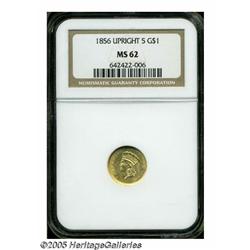 1856 G$1 Upright 5 MS62 NGC. The Upright 5 is con