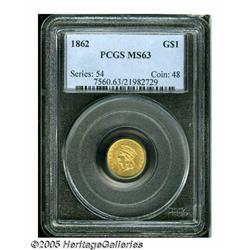 1862 G$1 MS63 PCGS. Lustrous and well struck with