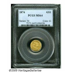 1874 G$1 MS64 PCGS. Frosty light yellow-gold lust