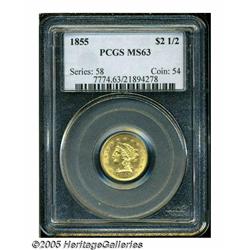 1855 $2 1/2 MS63 PCGS. A scarcer early P-mint Qua