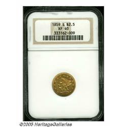 1859-S $2 1/2 XF40 NGC. Pale yellow color with sp