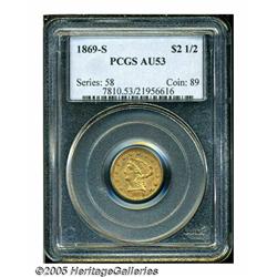 1869-S $2 1/2 AU53 PCGS. Pale yellow-gold surface