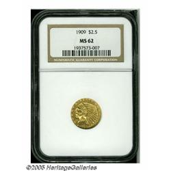 1909 $2 1/2 MS62 NGC. Bright, brassy-gold surface