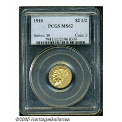 1910 $2 1/2 MS62 PCGS. Lustrous light yellow-gold