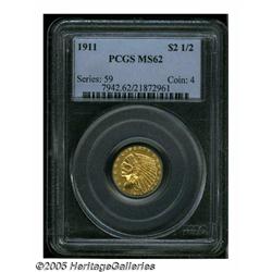 1911 $2 1/2 MS62 PCGS. Brassy-gold surfaces exhib