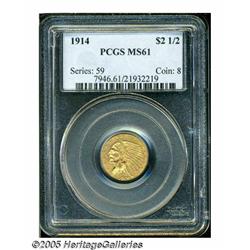1914 $2 1/2 MS61 PCGS. Fully lustrous with dark y