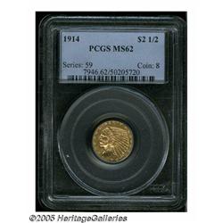 1914 $2 1/2 MS62 PCGS. This bright 1914 Indian qu