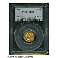 1914 $2 1/2 MS62 PCGS. A luminous golden-brown be