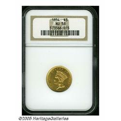 1854 $3 AU58 NGC. Fully brilliant yellow-gold sur