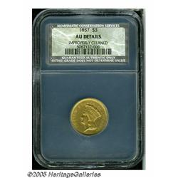 1857 $3 AU Details, Improperly Cleaned, NCS. A ha
