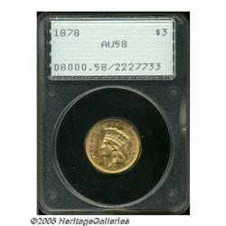 1878 $3 AU58 PCGS. The upper right wreath and the