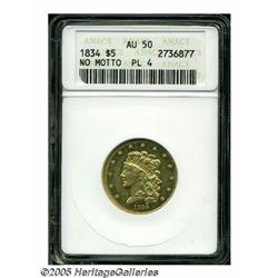1834 $5 Plain 4 AU50 ANACS. Second Head, Small Pl