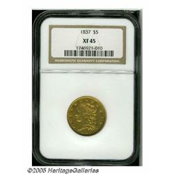 1837 $5 XF45 NGC. Large Date, Large 5, Breen-6512