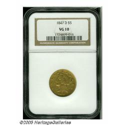 1847-D $5 VG10 NGC. Variety 17-I. An affordable s