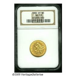 1882-CC $5 AU53 NGC. A honey-gold piece that exhi
