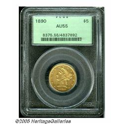 1890 $5 AU55 PCGS. Orange-gold patina displays sp