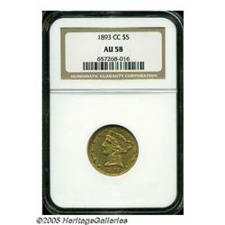 1893-CC $5 AU58 NGC. A pleasing example of the fi