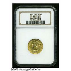 1901/0-S $5 MS62 NGC. FS-006. Lustrous and sharpl