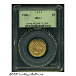 1902-S $5 MS62 PCGS. Original dusky olive and apr