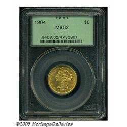1904 $5 MS62 PCGS. A few wispy slide marks preclu