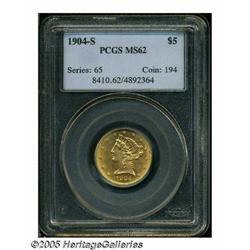 1904-S $5 MS62 PCGS. Wisps of orange-red color en