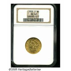 1905-S $5 MS62 NGC. Lustrous and pleasing, this l