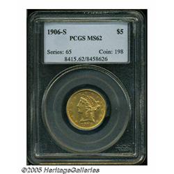 1906-S $5 MS62 PCGS. A crisply struck dusky apric