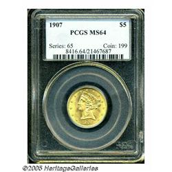 1907 $5 MS64 PCGS. This half eagle is generally c