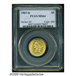 1907-D $5 MS64 PCGS. Sharply struck and fully lus