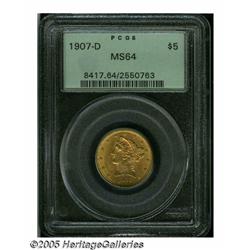 1907-D $5 MS64 PCGS. Steel-blue and peach colors 