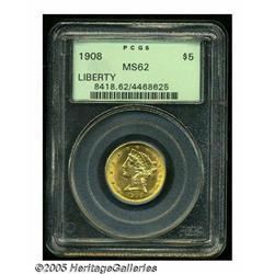 1908 $5 MS62 PCGS. A boldly struck final year exa