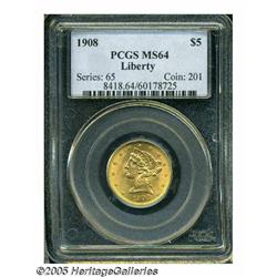 1908 $5 MS64 PCGS. Sharply struck with soft, fros