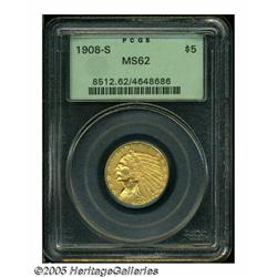 1908-S $5 MS62 PCGS. A well struck apricot-gold e