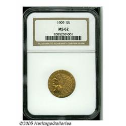 1909 $5 MS62 NGC. Honey-gold surfaces exhibit ade