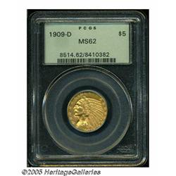1909-D $5 MS62 PCGS. Honey and olive-gray colors 