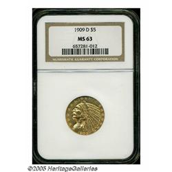 1909-D $5 MS63 NGC. Well struck and lustrous, wit