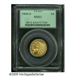 1909-D $5 MS63 PCGS. A bright and sharply struck 