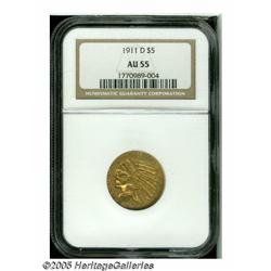 1911-D $5 AU55 NGC. Softly struck and lightly wor