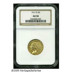 1911-D $5 AU58 NGC. Bright surfaces display brass