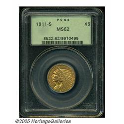 1911-S $5 MS62 PCGS. Tan toning visits this nicel
