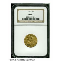 1912 $5 MS62 NGC. Bright apricot-gold surfaces di