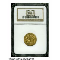 1913 $5 MS62 NGC. Semi-bright peach-gold surfaces