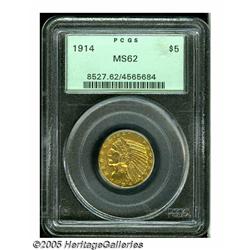 1914 $5 MS62 PCGS. Lemon and rose hues embrace th