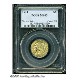 1914 $5 MS63 PCGS. Bright yellow-gold surfaces ra