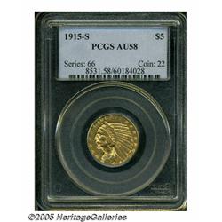 1915-S $5 AU58 PCGS. Sharply struck and fully lus