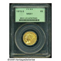 1915-S $5 MS61 PCGS. An attractive honey-gold exa